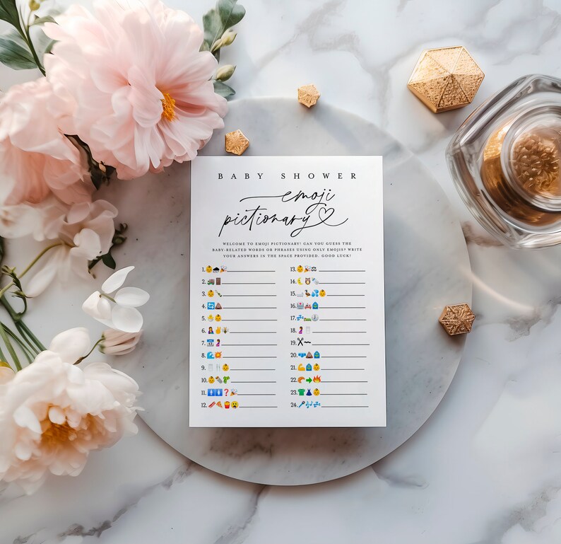 K&ouml;nnte beinhalten: Eine wei&szlig;e Karte mit dem Text "Baby Shower emoji pictionary" in schwarzer Schrift. Die Karte hat 24 nummerierte Zeilen mit Emojis auf der linken Seite und leere Zeilen auf der rechten Seite zum Schreiben von Antworten.