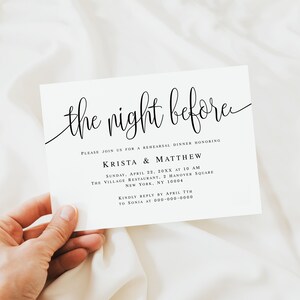May include: A white card with black text announcing a rehearsal dinner for Krista & Matthew. The event is scheduled for Sunday, April 22, 20XX at 10 AM at The Village Restaurant, 2 Hanover Square, New York, NY 10004. RSVP by April 7th to Sonia at 000-000-0000.