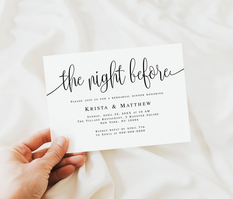 May include: A white card with black text announcing a rehearsal dinner for Krista & Matthew. The event is scheduled for Sunday, April 22, 20XX at 10 AM at The Village Restaurant, 2 Hanover Square, New York, NY 10004. RSVP by April 7th to Sonia at 000-000-0000.