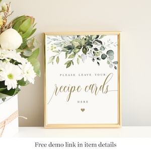 Download immediato Inserisci qui la scheda della ricetta, modello di cartello per la festa nuziale, stampabile, cartello per la scatola delle ricette, Templett, brunch, Greenery Gold #c61