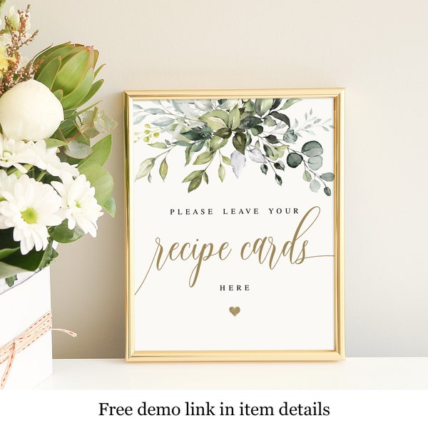 table place setting cards template Instant Download Place Recipe Card Here Sign, Bridal Shower Sign Template, Printable, Recipe Box Sign, Templett, Brunch, Greenery Gold #c61