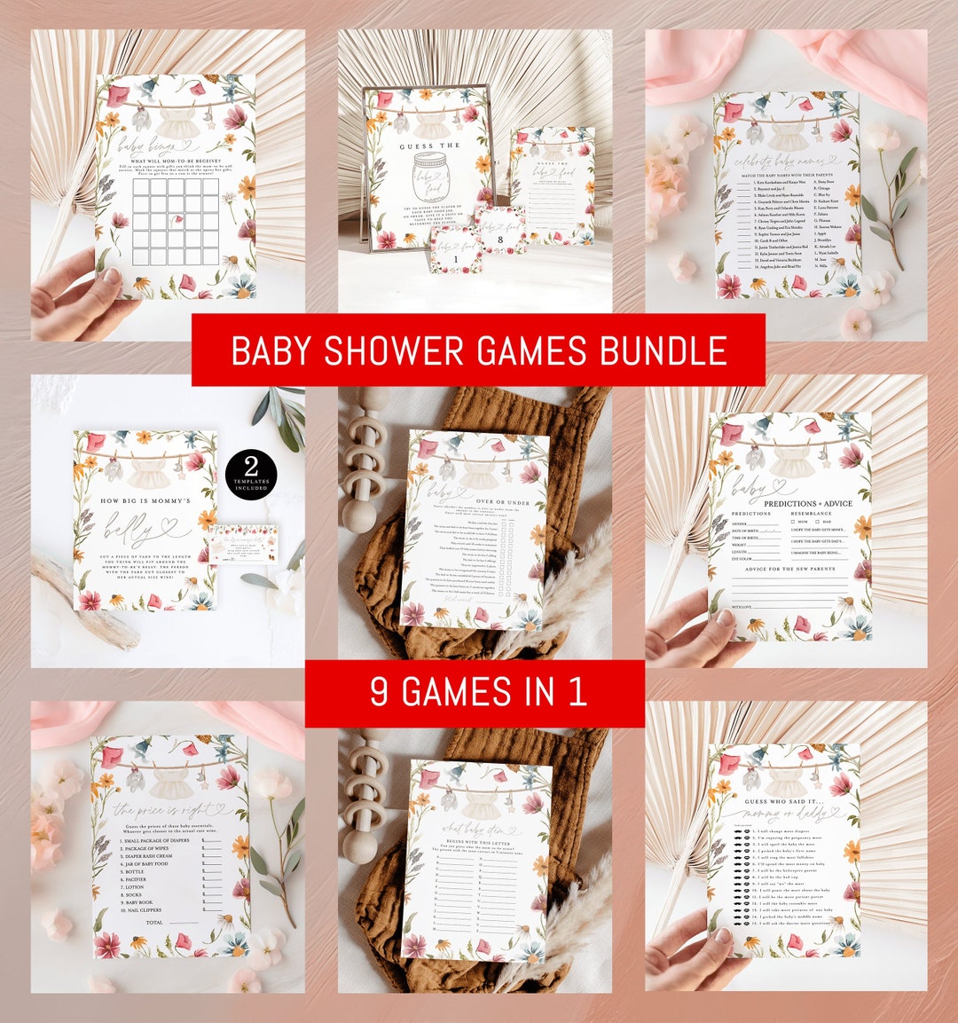 Baby Shower Game Bundle, Wildflower Baby Shower Game Bundle Girl, Baby