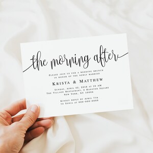 Pode incluir: Um convite branco para um brunch de casamento com texto em caligrafia preta que diz "the morning after". O convite inclui os nomes Krista & Matthew, a data e hora do brunch, o local e as informa&ccedil;&otilde;es de RSVP.