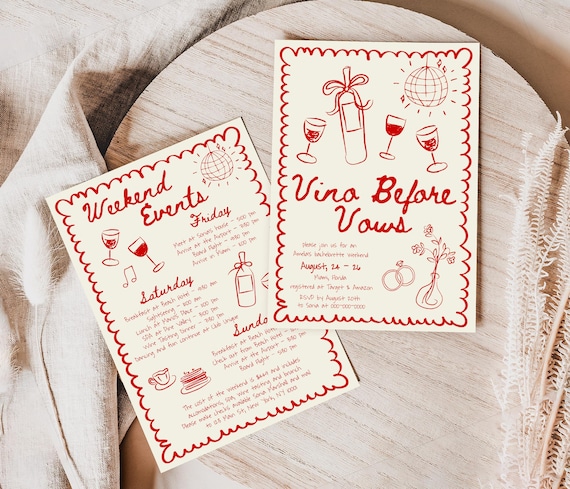 Vino Before Vows Bachelorette Weekend Itinerary Template, Hand Drawn Bachelorette Invite, Quirky Funky Vino Before Vows Itinerary #c97