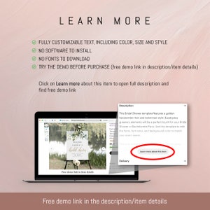 May include: A laptop screen displaying a mockup of a printable bridal shower welcome sign with a green and gold color scheme. The sign features the text "Welcome Sophia's Bridal Shower". The text "Learn more about this item" is highlighted on the screen.