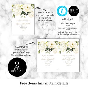 White Hydrangea Printable Bridal Luncheon Invitation Template, Templett, 100% Editable Text, Bohemian Greenery Gold, Roses, Floral vmt4216 image 5