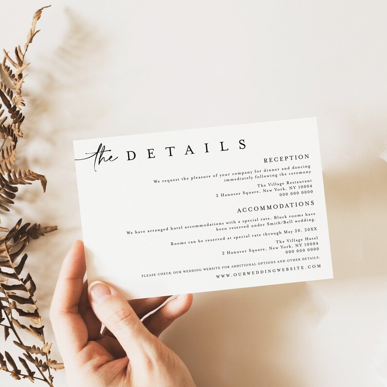 May include: A white card with black text detailing the reception and accommodations for a wedding. The reception will be held at The Village Restaurant, located at 2 Hanover Square, New York, NY 10004. The accommodations will be at The Village Hotel, located at 2 Hanover Square, New York, NY 10004. The website for additional information is www.ourweddingwebsite.com.
