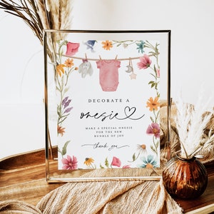 Dekorieren Sie ein Onesie Zeichen, Wildblumen dekorieren ein Onesie für Baby, Mädchen-Baby-Dusche-Spiel, Boho Baby Kleidung Zeichen, Onesie Dekorieren Station #c82