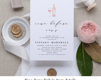 Vino Before Vows Invitation, Bridal Brunch Template, Templett, Customizable, Printable, Download Invite, Custom, Personalized, Wine #vmt310