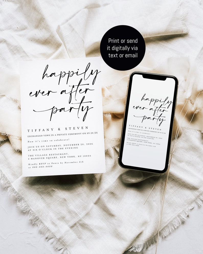 Happily Ever After Party Invitation, Reception Party Invitation Template, Modern Wedding Elopement Announcement Card, Reception Invite f41 image 3