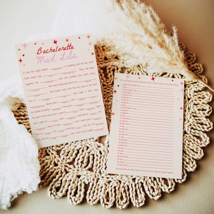 May include: A pink and white printable bachelorette party game called "Mad Libs". The game includes a story with blank spaces to be filled in with words from a list of categories. The categories include nouns, verbs, adjectives, and more.