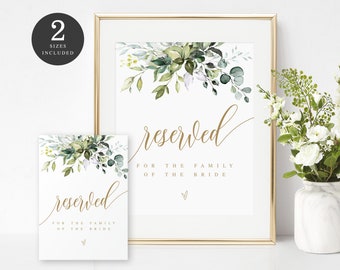 Eucalyptus Reserved For The Family Of The Bride Template Editable, Edit With Templett, Wedding Decor Ideas, Downloadable, Greenery Gold #c61