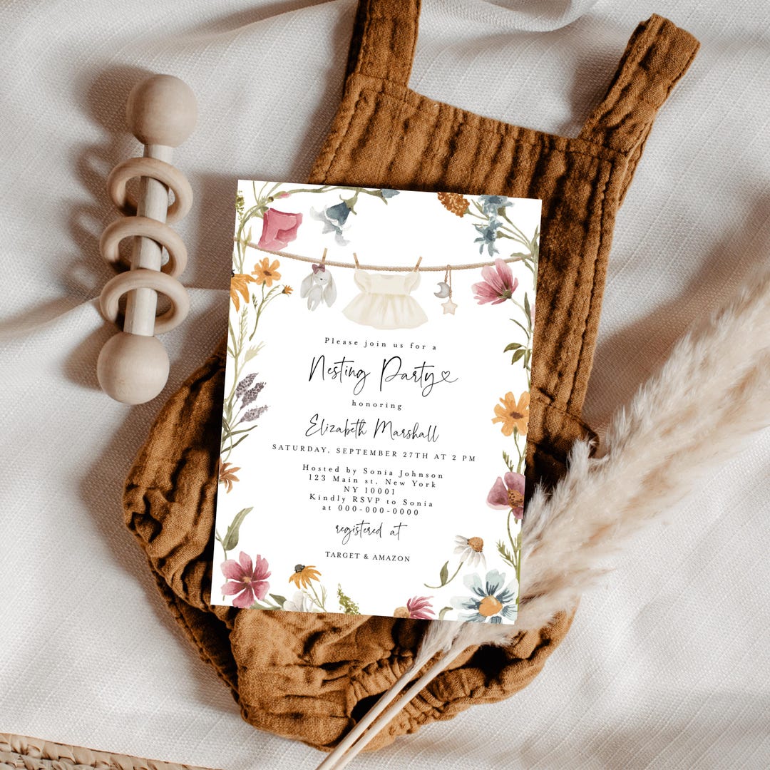 Nesting Party Invitations Nesting Party Invitations, Girl Clothesline Baby Invitation, Wildflower ...