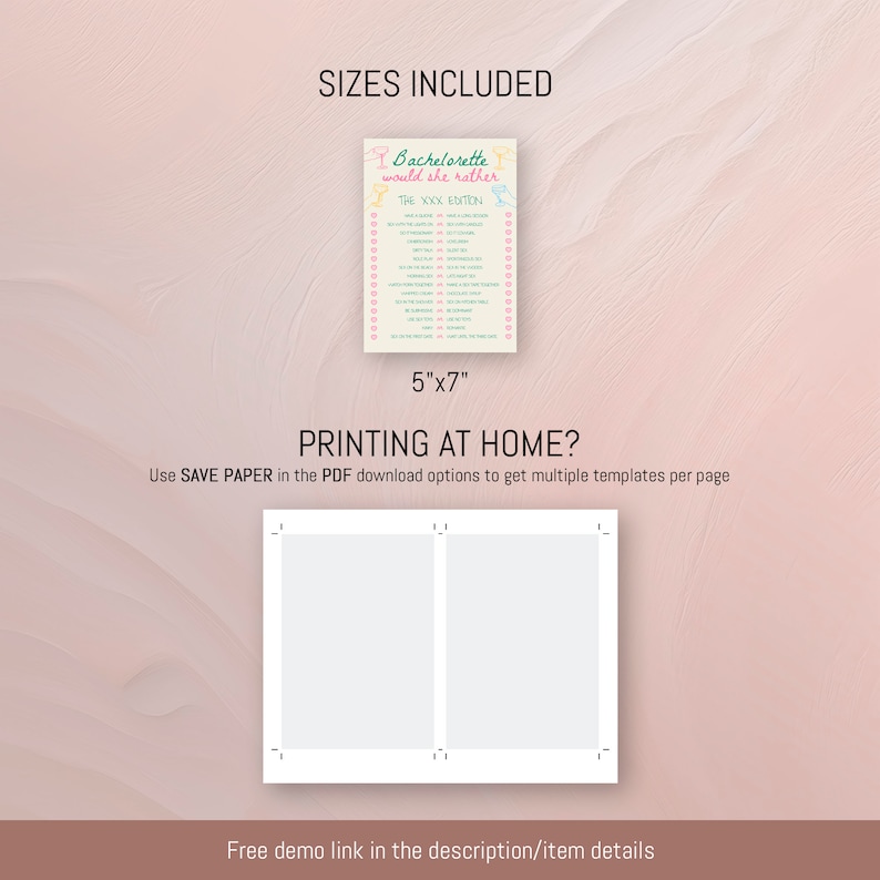 Op de afbeelding: Printbare Bachelorette Party-spelkaart met de tekst "Bachelorette would she rather The XXX Edition". De kaart is roze en wit met een turquoise rand en bevat een cocktailglaspictogram. De kaart is 12,7 cm bij 17,8 cm.