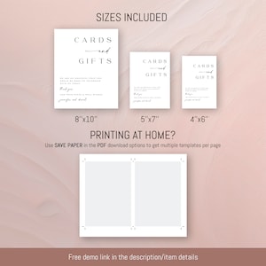 May include: Printable wedding card and gift sign templates in three sizes: 8x10 inches, 5x7 inches, and 4x6 inches. The signs feature the text "Cards and Gifts" in a minimalist font style. The text "We are so grateful that you are here to celebrate with us today" and "Thank you for your gifts & well wishes" is also included on the signs. The text "Printing at Home? Use SAVE PAPER in the PDF download options to get multiple templates per page" is included below the signs.