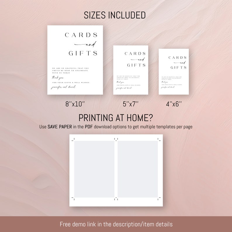 May include: Printable wedding card and gift sign templates in three sizes: 8x10 inches, 5x7 inches, and 4x6 inches. The signs feature the text "Cards and Gifts" in a minimalist font style. The text "We are so grateful that you are here to celebrate with us today" and "Thank you for your gifts & well wishes" is also included on the signs. The text "Printing at Home? Use SAVE PAPER in the PDF download options to get multiple templates per page" is included below the signs.