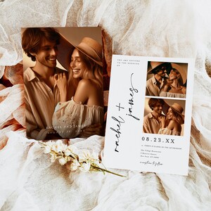 May include: Wedding invitation with a photo of a couple in a rustic setting. The invitation is for Rachel and James, and the wedding is on August 23rd. The invitation includes the text "You are invited to the wedding of Rachel + James" and "08.23.XX at Three O'Clock in the Afternoon".
