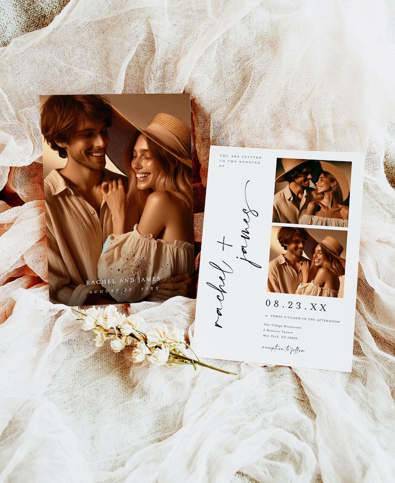 May include: Wedding invitation with a photo of a couple in a rustic setting. The invitation is for Rachel and James, and the wedding is on August 23rd. The invitation includes the text "You are invited to the wedding of Rachel + James" and "08.23.XX at Three O'Clock in the Afternoon".