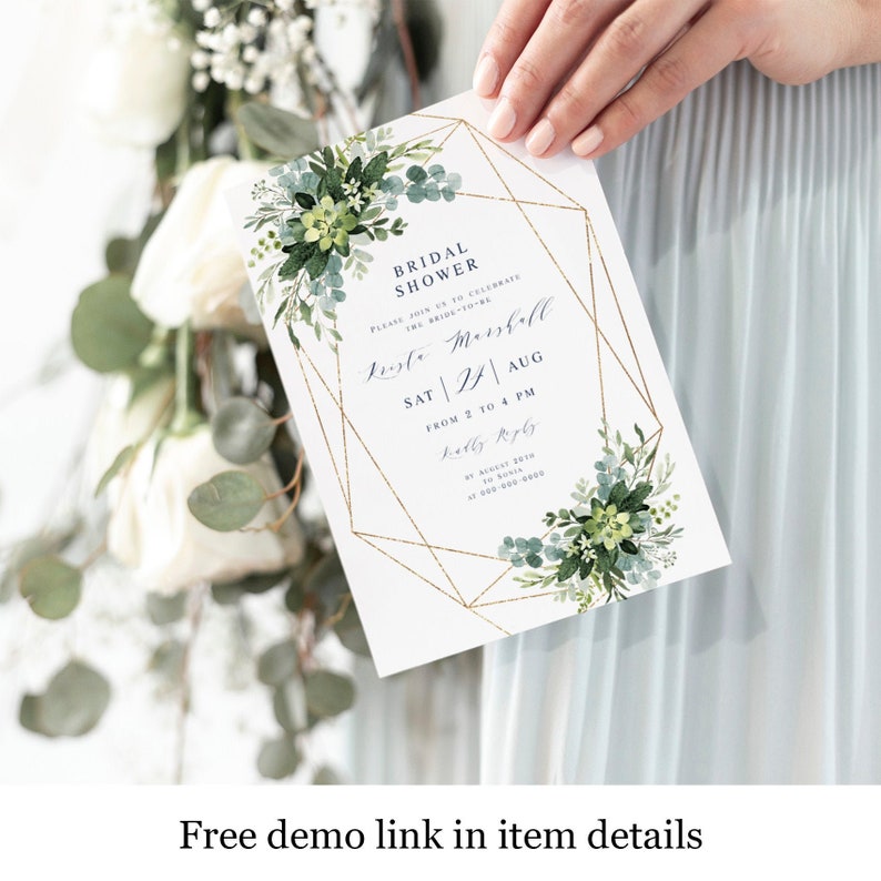 Succulent Bridal Shower Invitation, Gold Geometric, 100% Editable, Instant Download Invite, Try before you buy, Printable, Templett vmt3321 image 1