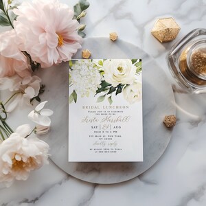 White Hydrangea Printable Bridal Luncheon Invitation Template, Templett, 100% Editable Text, Bohemian Greenery Gold, Roses, Floral vmt4216 image 3