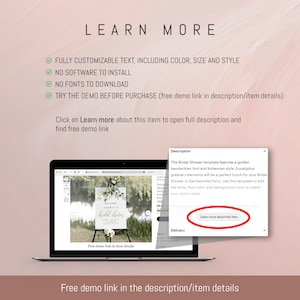 May include: A laptop screen displaying a mockup of a printable bridal shower welcome sign with a gold handwritten font and eucalyptus greenery. The text on the sign reads "Welcome Sophia's Bridal Shower". The text on the laptop screen says "This Bridal Shower template features a golden handwritten font and bohemian style. Eucalyptus greenery elements will be a perfect touch for your Bridal Shower or Bachelorette Party. Use this template to edit the fonts, font color, and background color to match your event needs."