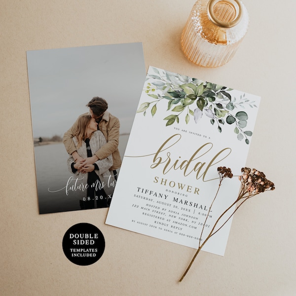 Greenery Gold Bridal Shower Invitation, Editable, Instant Download Invite, Photo, Picture, Self-Editing, Custom, Printable, Eucalyptus #c61