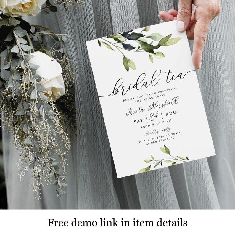 Elegant Bridal Tea Party Invitation Template, Instant download, 100% Editable Invite, Calligraphy, DIY Customizable, Simple Greenery vmt43 image 1