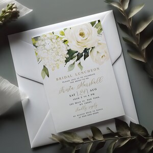 White Hydrangea Printable Bridal Luncheon Invitation Template, Templett, 100% Editable Text, Bohemian Greenery Gold, Roses, Floral vmt4216 image 2