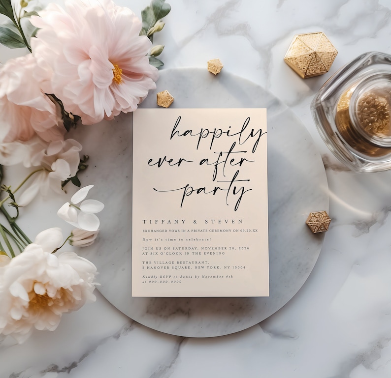 Happily Ever After Party Invitation, Reception Party Invitation Template, Modern Wedding Elopement Announcement Card, Reception Invite f41 image 1