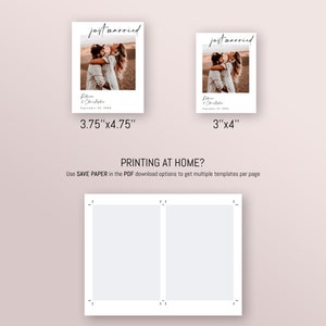 May include: Two printable wedding photo templates with the text "just married" and the couple's names and wedding date. The templates are shown in two sizes: 3.75 inches by 4.75 inches and 3 inches by 4 inches.
