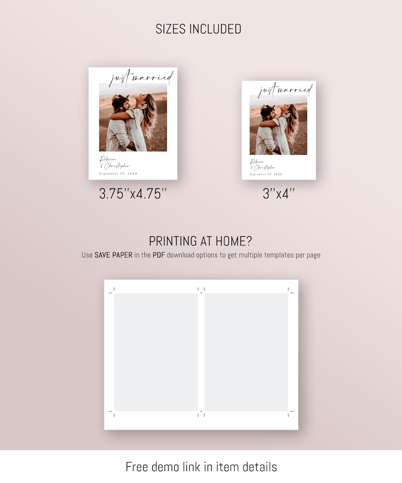 May include: Two printable wedding photo templates with the text "just married" and the couple's names and wedding date. The templates are shown in two sizes: 3.75 inches by 4.75 inches and 3 inches by 4 inches.