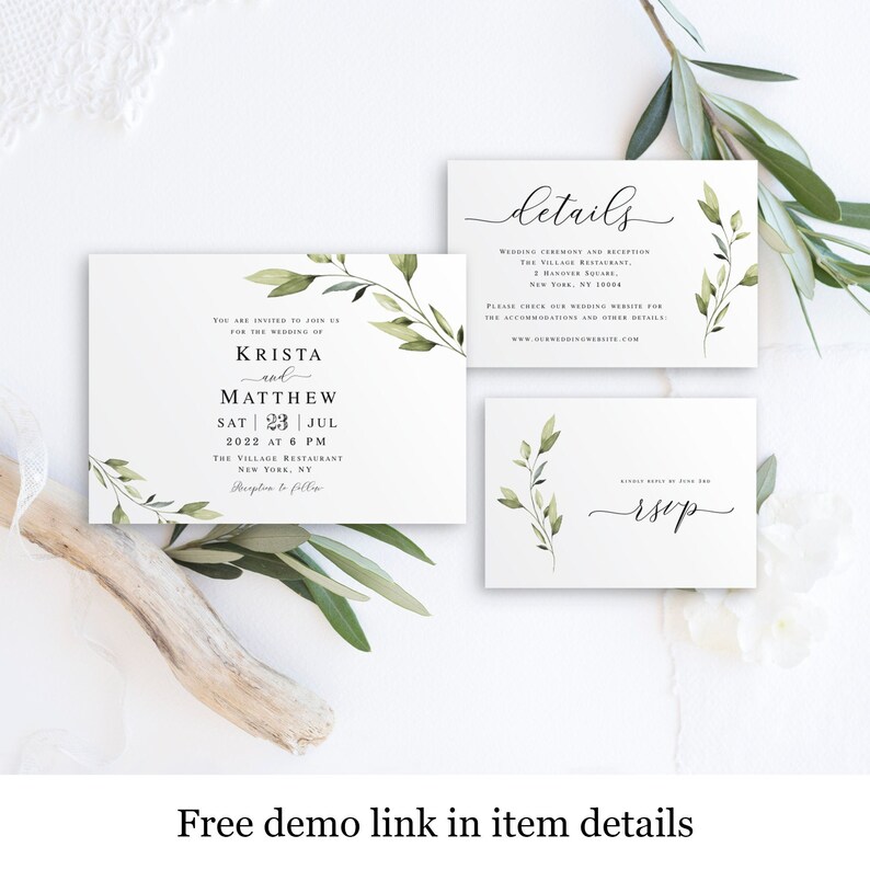 Leaves Simple #vmt43 Greenery Wedding Invitation Set Template Printable Leafy Download Fully Editable Create Multiple Downloadable