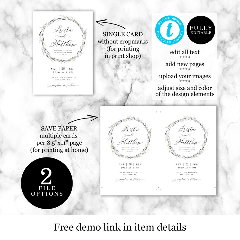 May include: Two printable wedding invitation templates featuring a floral wreath with the names Krista and Matthew, the date, and the time. The text "Save Paper, multiple cards per 8.5"x11" page (for printing at home)" is displayed on the left side of the image. The text "Single Card without cropmarks (for printing in print shop)" is displayed on the right side of the image. The text "2 File Options" is displayed in a black circle in the center of the image.