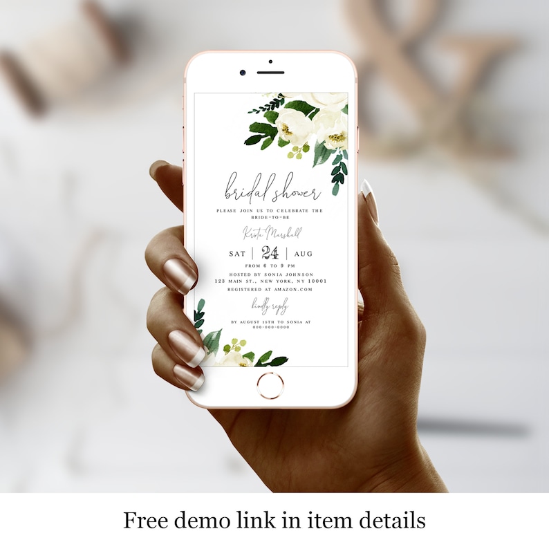 Leaves #vmt33 White Peony Shower Floral Bridal Invitation Template Electronic Eco Friendly Evite Garden Paperless Digital Brunch