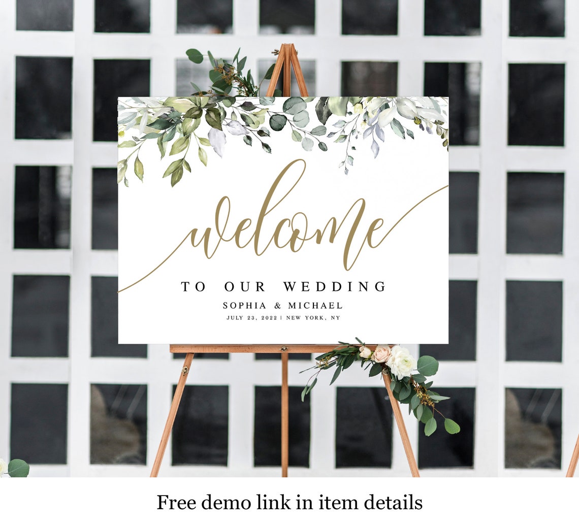 Greenery Gold Wedding Sign Template Templett Welcome Board image 1