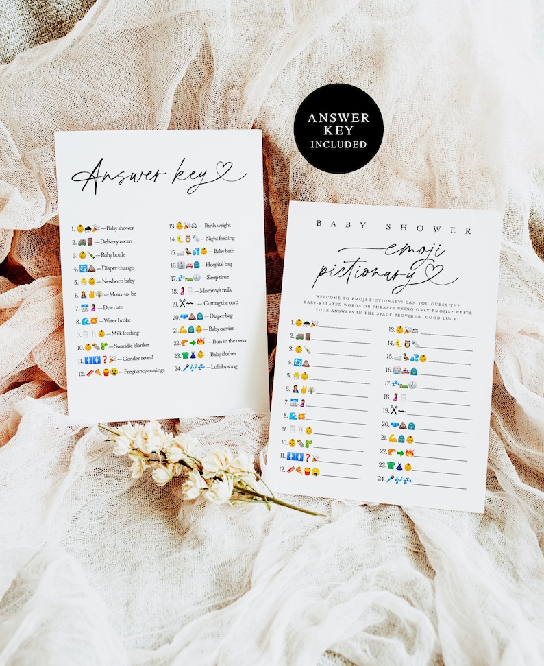 May include: A printable baby shower game with an answer key. The game is called "Emoji Pictionary" and players must guess the baby-related words or phrases represented by emojis. The answer key lists the emojis and their corresponding words.