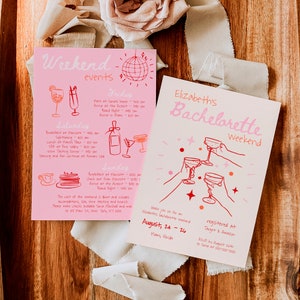 Plantilla de itinerario para despedida de soltera en rosa y rojo, invitación dibujada a mano, fiesta de despedida de soltera con garabatos originales y originales #c97p