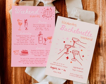 Pink and Red Bachelorette Weekend Events Itinerary Template, Hand Drawn Bachelorette Invite, Quirky Scribble Funky Hens Party Weekend #c97p