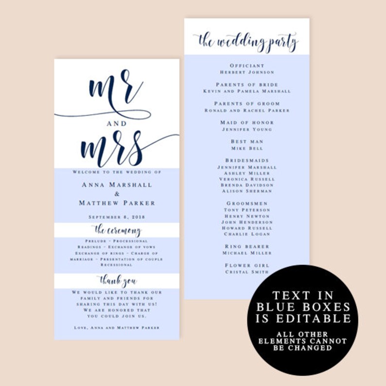 Navy Blue Wedding Program Template Navy Wedding Programs - Etsy