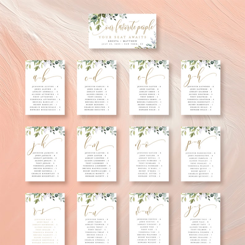 Alphabetical Seating Chart Cards, Editable Wedding Hanging Seating