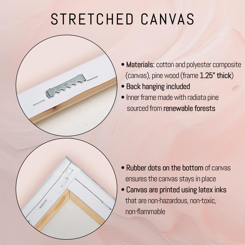Puede incluir: Detalles de un lienzo estirado, con el texto "STRETCHED CANVAS". El marco es de madera de pino, de aproximadamente 3,18 cm de grosor. El lienzo est&aacute; hecho de una composici&oacute;n de algod&oacute;n y poli&eacute;ster e impreso con tintas de l&aacute;tex no t&oacute;xicas.