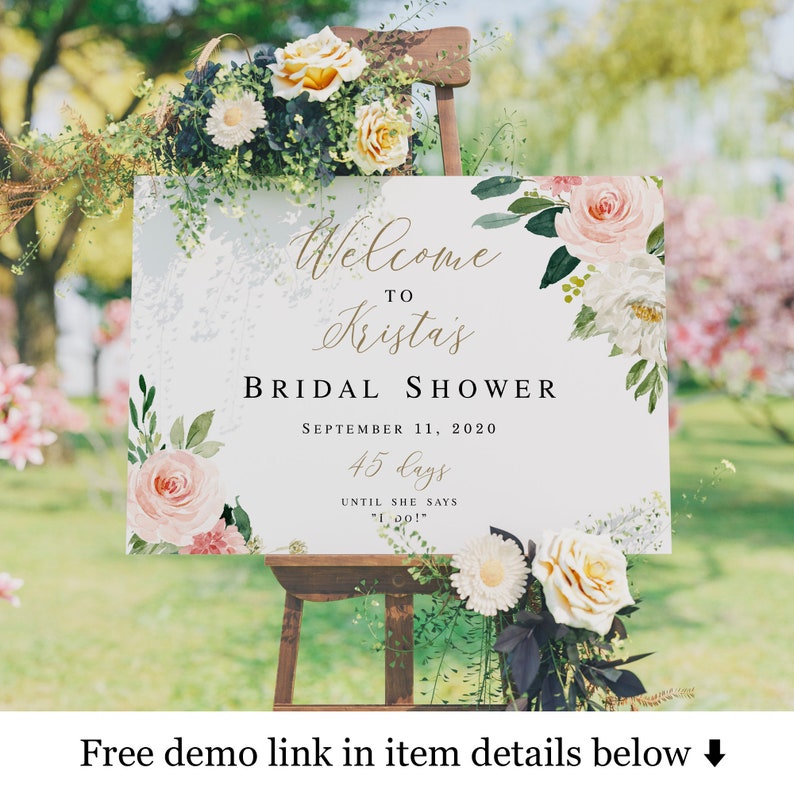 Welcome To Bridal Shower Sign Template, Brunch, Pastel Blush Wedding Countdown, Days Until She Says I Do, Hens Party Poster, Board vmt423 image 1