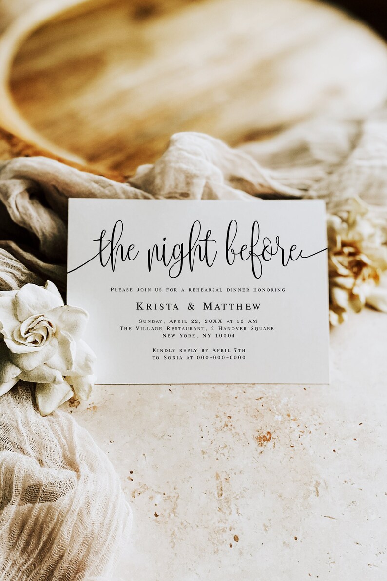 May include: A white card with black text announcing a rehearsal dinner for Krista & Matthew. The event will be held on Sunday, April 22, 20XX at 10 AM at The Village Restaurant, 2 Hanover Square, New York, NY 10004. RSVP by April 7th to Sonia at 000-000-0000.
