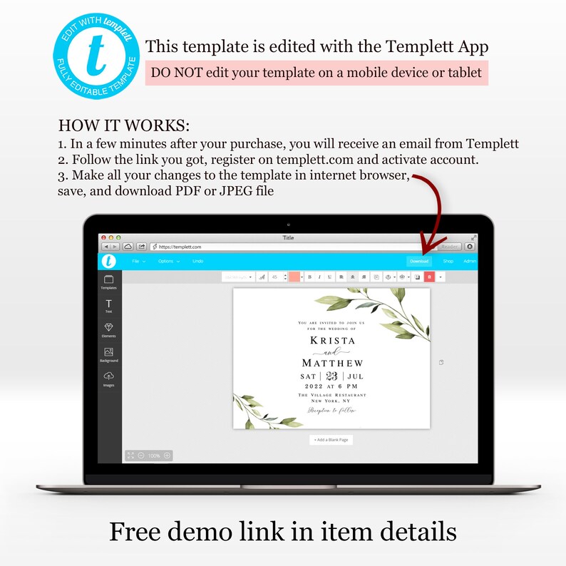 Wedding Invitation Template Landscape Invite Green Leaves Etsy