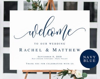 Signo de bienvenida de boda azul marino imprimible Plantilla de boda de bienvenida Boda de signo de bienvenida horizontal Signo de boda editable Boda náutica #vm13