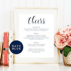 Placa de casamento Cheers Modelo de casamento azul marinho Modelo de bar de casamento Menu de bar de casamento azul marinho Tema de casamento náutico Placa de Cheers para bar #vm23