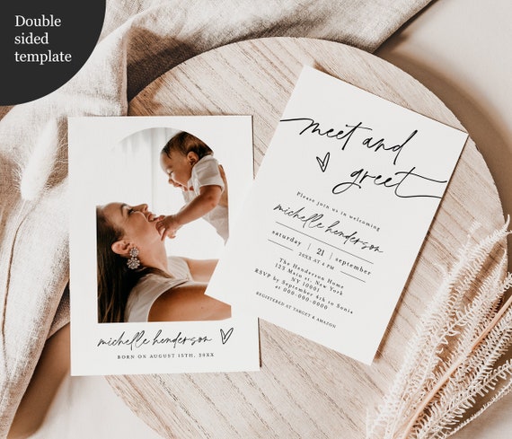 Meet & Greet Invitation, Sip And See, Welcome Baby Invite, New Baby Party Invite, Arch Photo, Templett, Gender Neutral, Meet Our Baby #f38