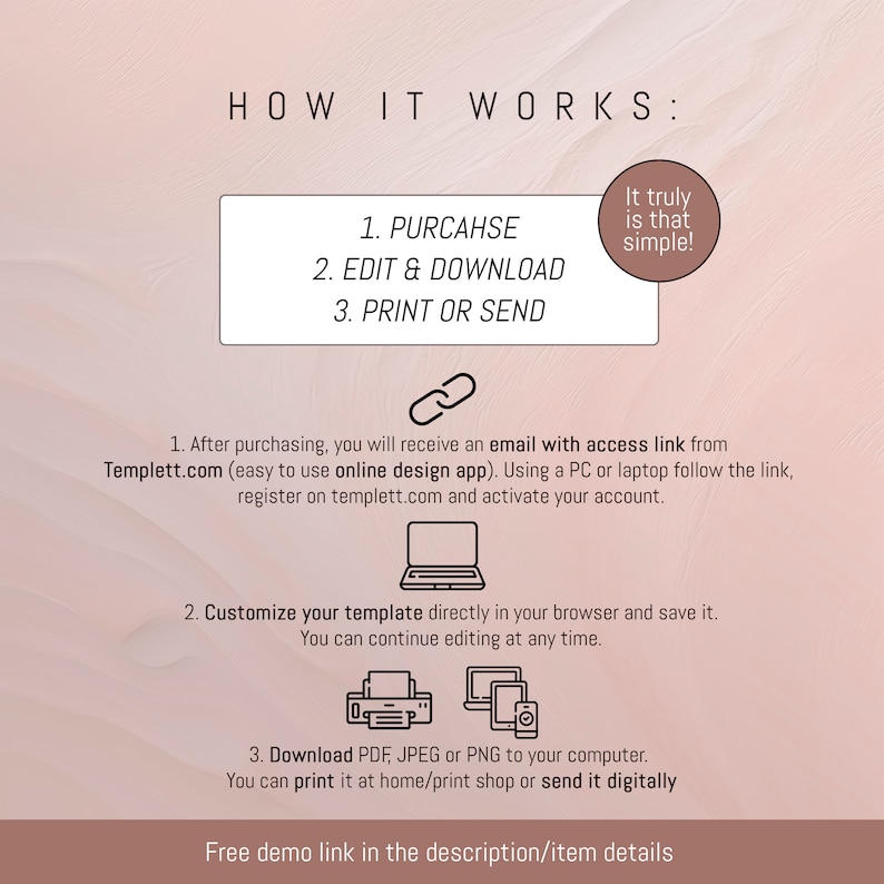 May include: A pink and white graphic with the text "HOW IT WORKS:" and a list of steps: 1. Purchase, 2. Edit & Download, 3. Print or Send. The graphic also includes a text box with the text "It truly is that simple!" and a series of steps to follow after purchasing a digital template.
