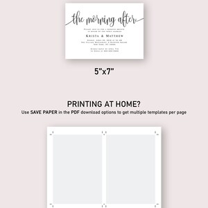 Pode incluir: Um modelo de convite para brunch de casamento imprim&iacute;vel com o texto "the morning after" em uma fonte de escrita. O convite &eacute; para Krista & Matthew e mede 5 polegadas por 7 polegadas.