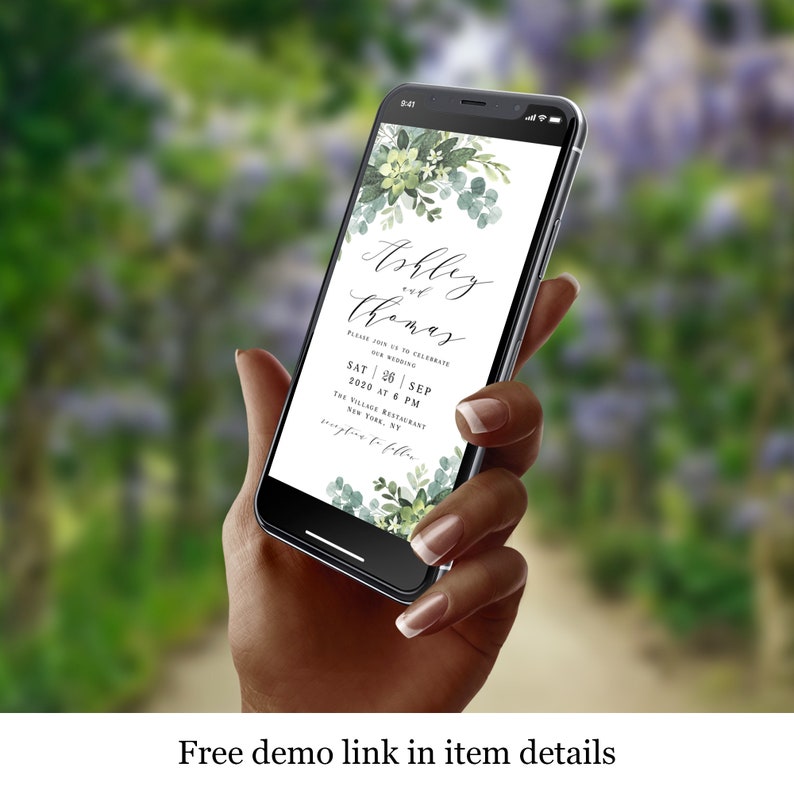 May include: A smartphone displaying a wedding invitation with a green floral design. The invitation reads "Ashley and Thomas" with the date and time of the wedding. The text "Please join us to celebrate our wedding" is also included.